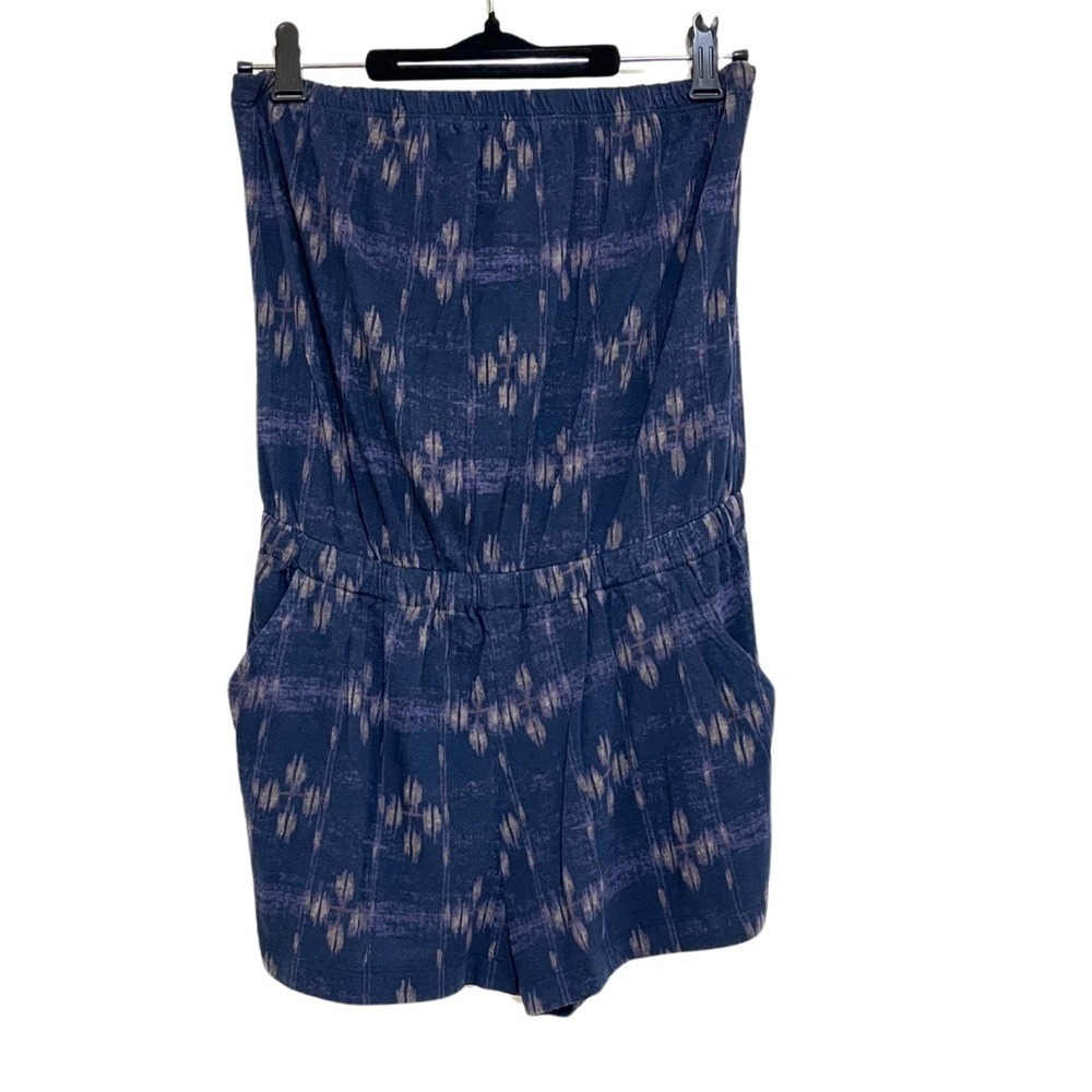Strapless Ikat Geometric Print Romper Navy Blue Cinch Waist Pockets –Route 66, S